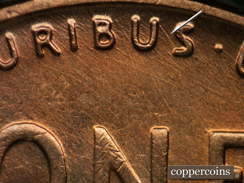 Die-stage B marker on 1955D•1DO•012 (1955 Doubled Die Obverse).