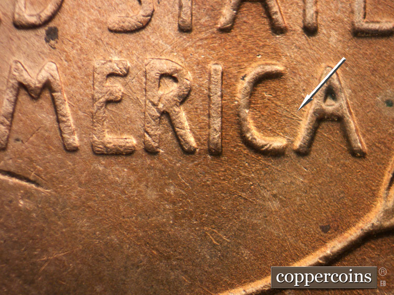 Die-stage B marker on 1955D•1DO•012 (1955 Doubled Die Obverse).