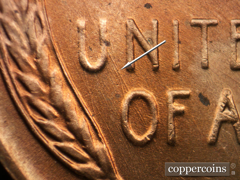 Die-stage B marker on 1955D•1DO•012 (1955 Doubled Die Obverse).