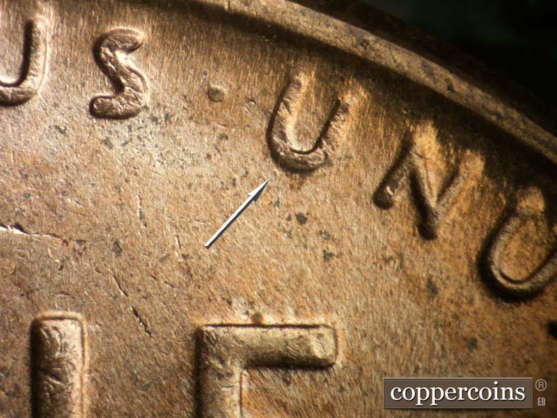 Die-stage C marker on 1955D•1DO•013 (1955 Doubled Die Obverse).
