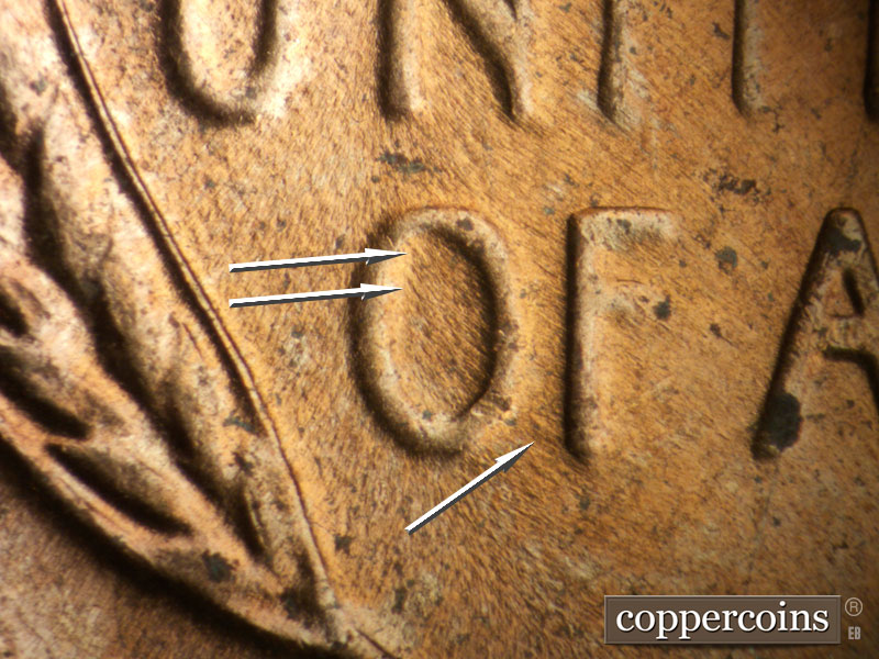 Die-stage C marker on 1955D•1DO•013 (1955 Doubled Die Obverse).
