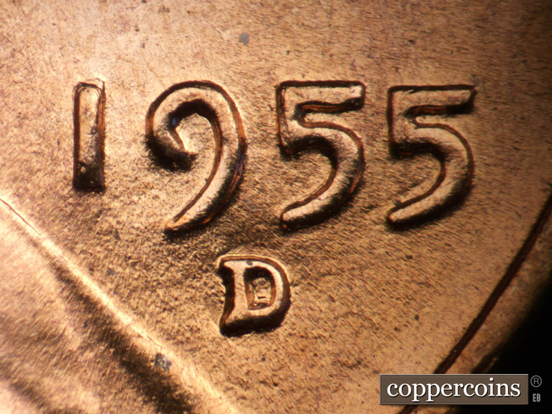 Die-stage B marker on 1955D•1DO•014 (1955 Doubled Die Obverse).