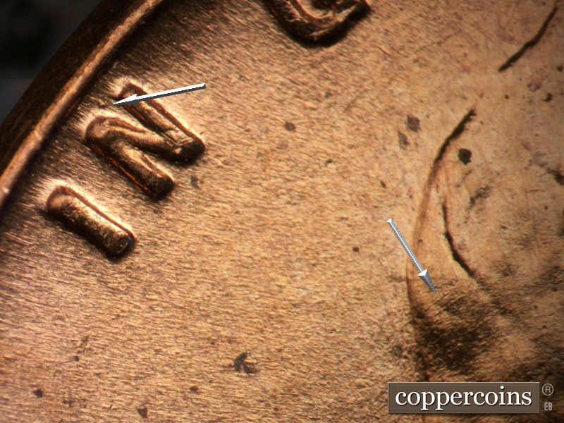 Die-stage B marker on 1955D•1DO•014 (1955 Doubled Die Obverse).