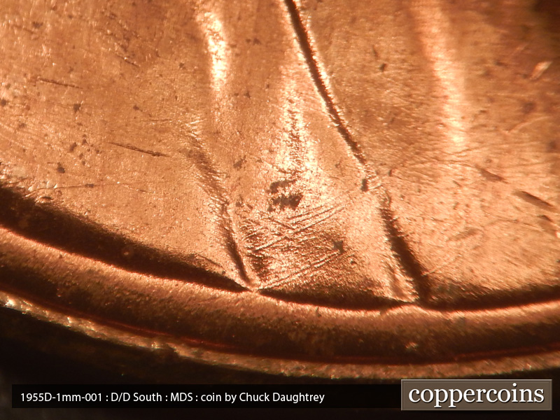 Die-stage B marker on 1955D•1MM•001 (1955 Repunched Mint Mark).