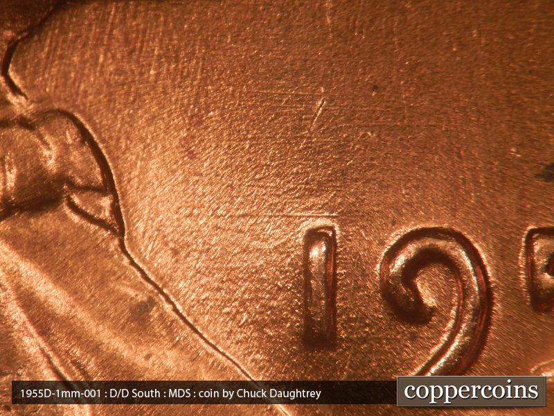 Die-stage B marker on 1955D•1MM•001 (1955 Repunched Mint Mark).