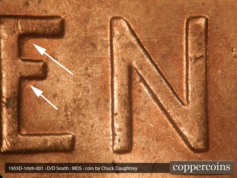 Die-stage B marker on 1955D•1MM•001 (1955 Repunched Mint Mark).