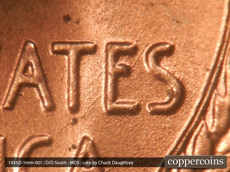 Die-stage B marker on 1955D•1MM•001 (1955 Repunched Mint Mark).
