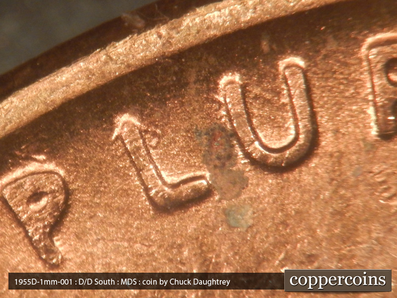 Die-stage B marker on 1955D•1MM•001 (1955 Repunched Mint Mark).