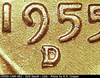 Die-stage C marker on 1955D•1MM•002 (1955 Repunched Mint Mark).