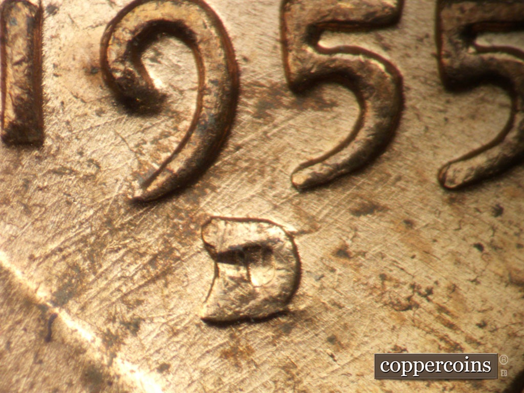Die-stage B marker on 1955D•1MM•003 showing Closeup of repunched mint mark.