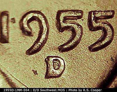 1955 Lincoln cent obverse, CopperCoins die 1955D•1MM•004.