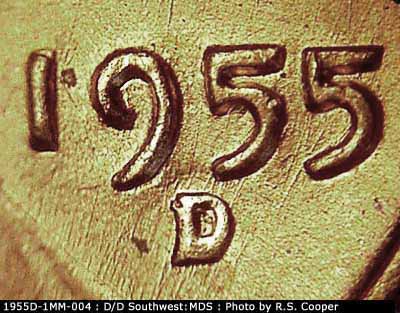 Die-stage B marker on 1955D•1MM•004 (1955 Repunched Mint Mark).