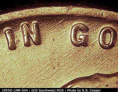 Die-stage B marker on 1955D•1MM•004 (1955 Repunched Mint Mark).