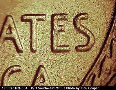 Die-stage B marker on 1955D•1MM•004 (1955 Repunched Mint Mark).