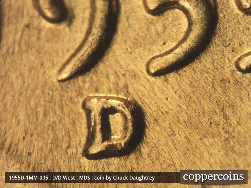 1955 Lincoln cent obverse, CopperCoins die 1955D•1MM•005.