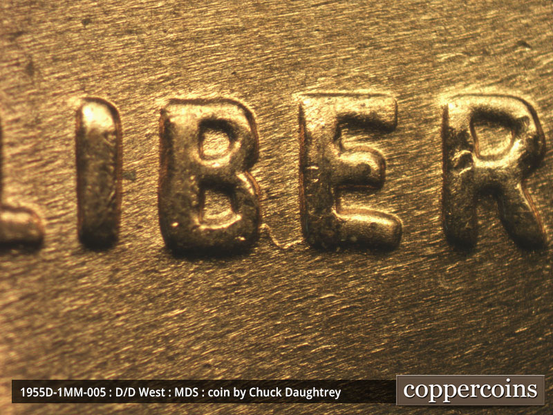 Die-stage B marker on 1955D•1MM•005 (1955 Repunched Mint Mark).