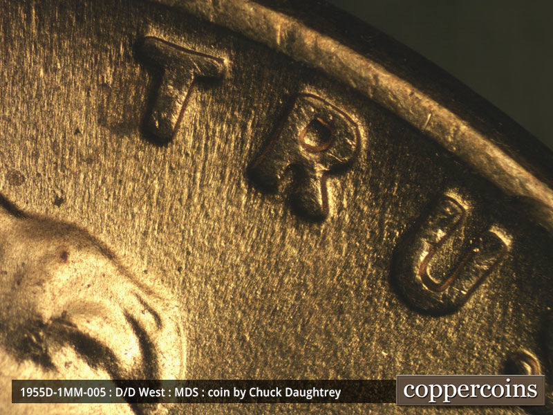 Die-stage B marker on 1955D•1MM•005 (1955 Repunched Mint Mark).