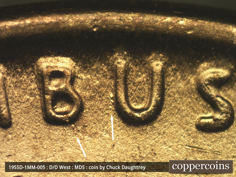 Die-stage B marker on 1955D•1MM•005 (1955 Repunched Mint Mark).
