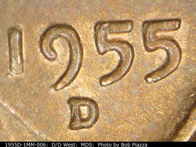 1955 Lincoln cent obverse, CopperCoins die 1955D•1MM•006.