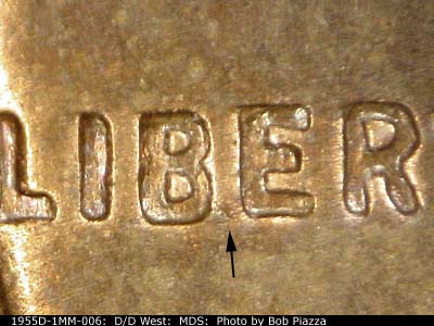 Die-stage B marker on 1955D•1MM•006 (1955 Repunched Mint Mark).