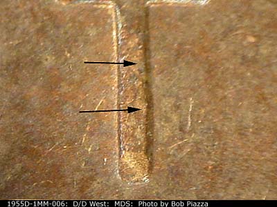 Die-stage B marker on 1955D•1MM•006 (1955 Repunched Mint Mark).