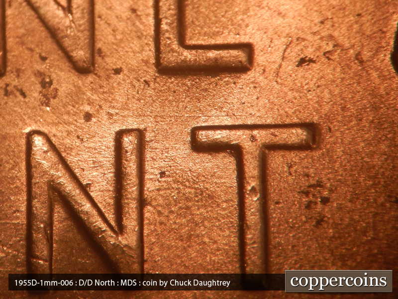 Die-stage B marker on 1955D•1MM•006 (1955 Repunched Mint Mark).