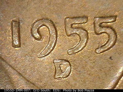 Die-stage A marker on 1955D•1MM•007 (1955 Repunched Mint Mark).