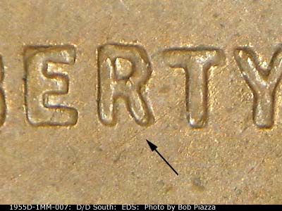 Die-stage A marker on 1955D•1MM•007 (1955 Repunched Mint Mark).