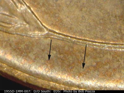 Die-stage A marker on 1955D•1MM•007 (1955 Repunched Mint Mark).