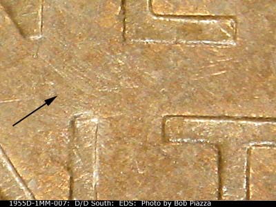 Die-stage A marker on 1955D•1MM•007 (1955 Repunched Mint Mark).