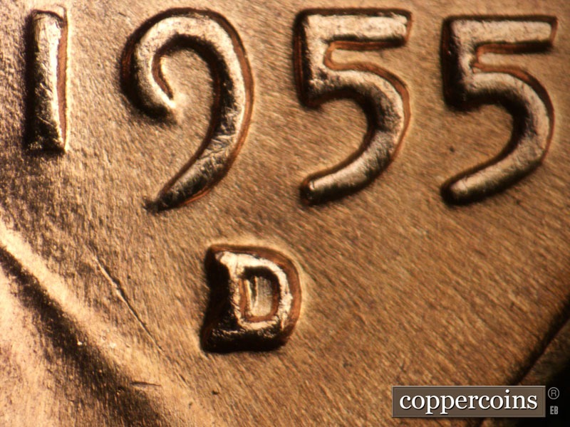 1955 Lincoln cent obverse, CopperCoins die 1955D•1MM•008.