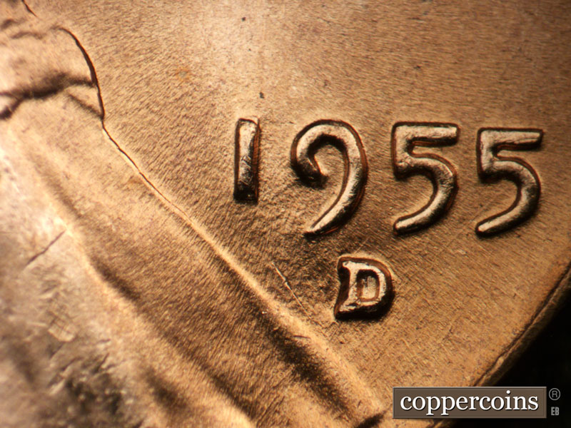 Die-stage B marker on 1955D•1MM•008 (1955 Repunched Mint Mark).