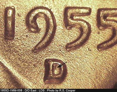 Die-stage C marker on 1955D•1MM•008 (1955 Repunched Mint Mark).