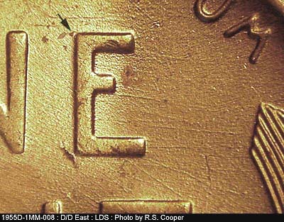 Die-stage C marker on 1955D•1MM•008 (1955 Repunched Mint Mark).