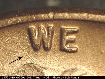 Die-stage B marker on 1955D•1MM•009 (1955 Repunched Mint Mark).