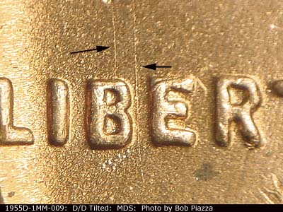 Die-stage B marker on 1955D•1MM•009 (1955 Repunched Mint Mark).