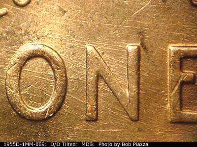 Die-stage B marker on 1955D•1MM•009 (1955 Repunched Mint Mark).