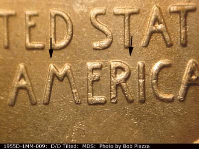Die-stage B marker on 1955D•1MM•009 (1955 Repunched Mint Mark).