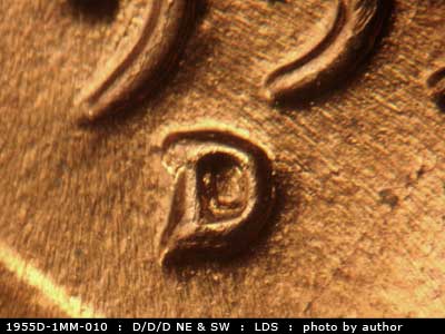 Die-stage C marker on 1955D•1MM•010 (1955 Repunched Mint Mark).