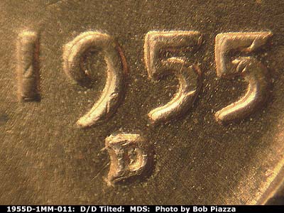 1955 Lincoln cent obverse, CopperCoins die 1955D•1MM•011.