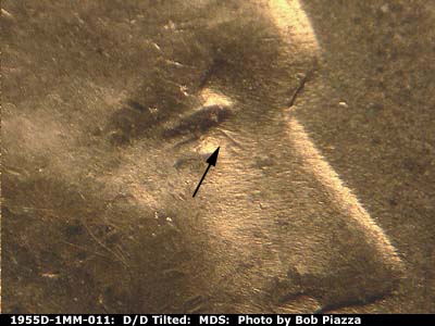 Die-stage B marker on 1955D•1MM•011 (1955 Repunched Mint Mark).