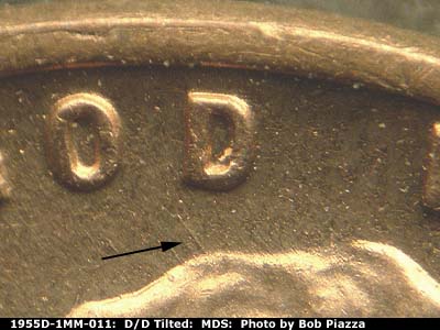 Die-stage B marker on 1955D•1MM•011 (1955 Repunched Mint Mark).
