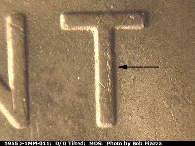 Die-stage B marker on 1955D•1MM•011 (1955 Repunched Mint Mark).