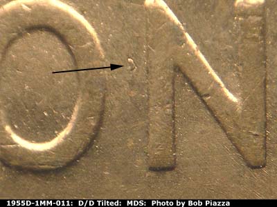 Die-stage B marker on 1955D•1MM•011 (1955 Repunched Mint Mark).