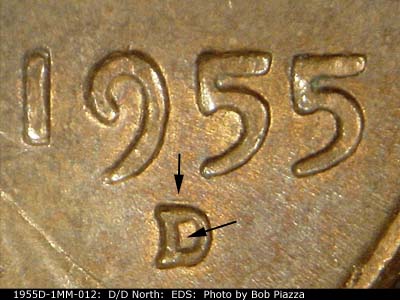 Die-stage A marker on 1955D•1MM•012 (1955 Repunched Mint Mark).