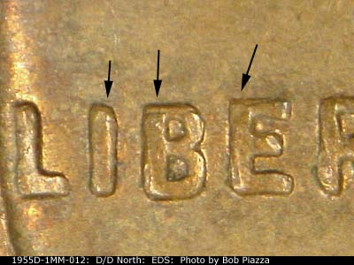 Die-stage A marker on 1955D•1MM•012 (1955 Repunched Mint Mark).