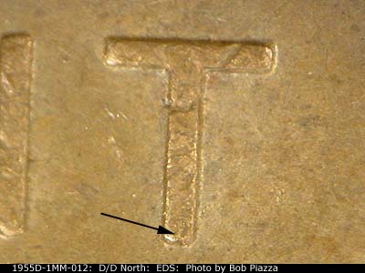 Die-stage A marker on 1955D•1MM•012 (1955 Repunched Mint Mark).