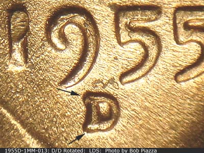 Die-stage C marker on 1955D•1MM•013 (1955 Repunched Mint Mark).