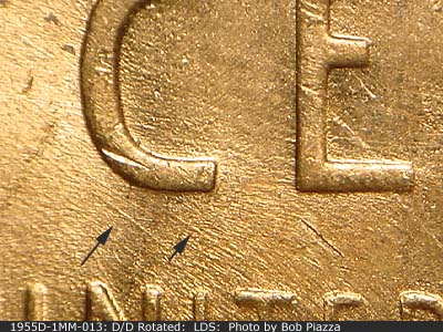Die-stage C marker on 1955D•1MM•013 (1955 Repunched Mint Mark).