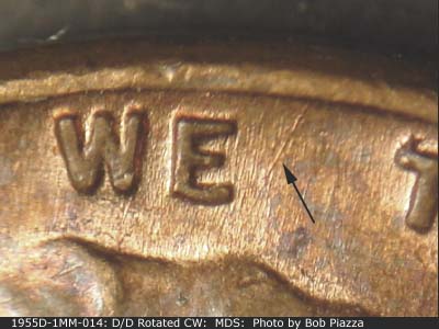 Die-stage B marker on 1955D•1MM•014 (1955 Repunched Mint Mark).